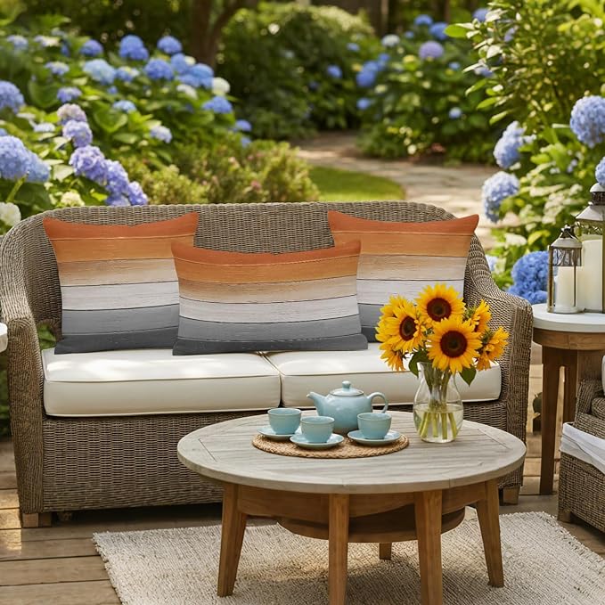 Orange Gray Outdoor Pillow Covers 26x26 Inch Throw Pillow Covers Set of 2 Waterproof Decorative Pillow Cases Farmhouse Retro Gradient Wooden Grain Cushion Covers for Patio Furniture Garden Couch Sofa