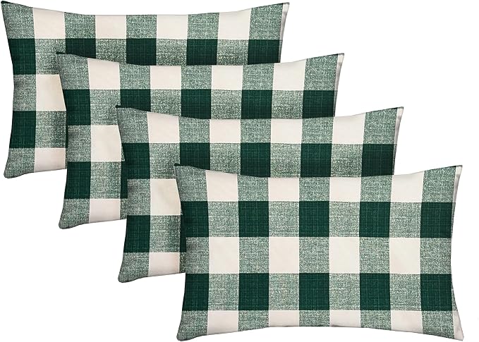 Lumbar Throw Pillows Set of 4 | 20” x 12" | All-Weather Spun Fabric | Water and Fade-Resistant | Outdoor Support Pillows for Patio Furniture | Green Buffalo Plaid