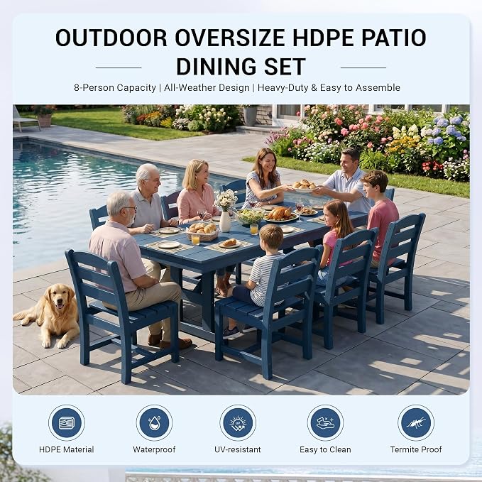KINGYES Outdoor Armless Dining Chairs Set of 8,All-Weather HDPE Patio Chairs for Backyard,Pooside,Blue