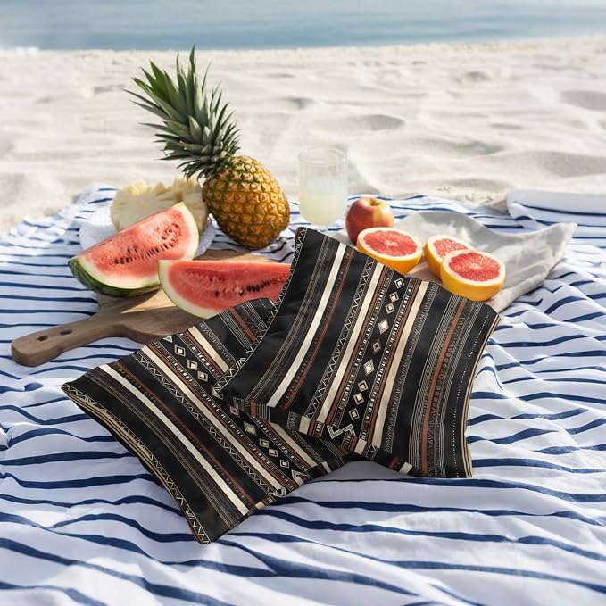 Black Beige Boho Outdoor Pillow Covers 26x26 Inch Throw Pillow Covers Set of 2 Waterproof Decorative Pillow Cases Vintage Abstract Geometric Ethnic Cushion Covers for Patio Furniture Garden Couch Sofa