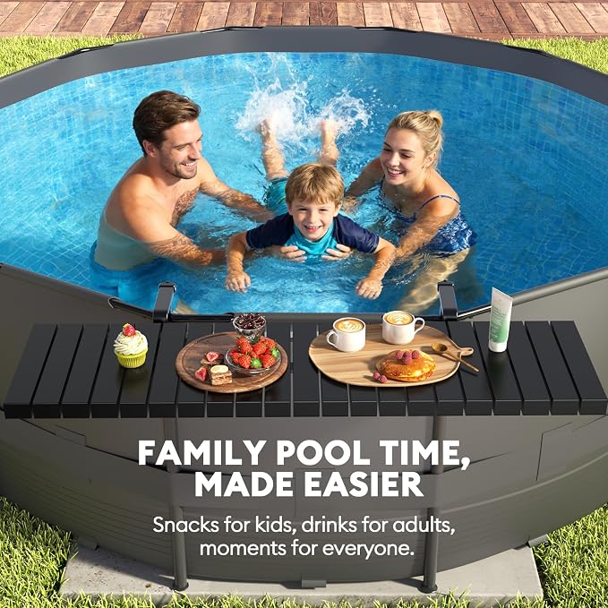 Pool Bar for Above Ground Pools, Stable Poolside Drink & Snack Table Supports Up to 110 lbs, Large Heavy-Duty Metal Poolside Bar Fits ≤4.4” Rails for Framed Round & Oval Pools, Ideal for Pool Parties