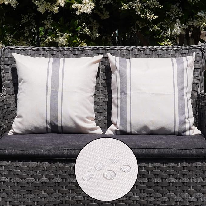 ONWAY Outdoor Pillow Covers Waterproof 20x20 Set of 2 Decorative Linen Throw Pillow Cover Beige and Grey Striped Outdoor Pillows for Patio Furniture