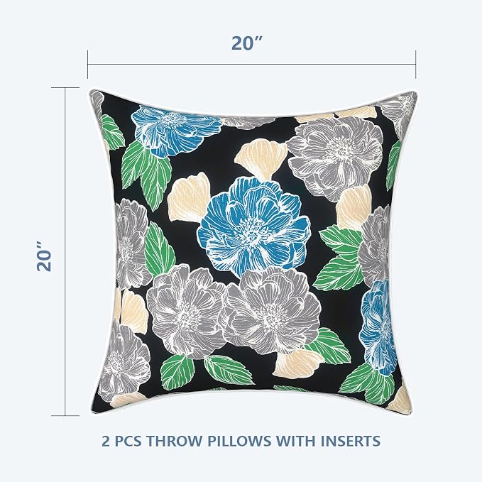 LVTXIII Outdoor Throw Pillows 20x20 Patio Waterproof Square Pillows with Piping Fade Resistant Accent Pillow for Spring Summer Garden Decoration, Set of 2, Peony Garden