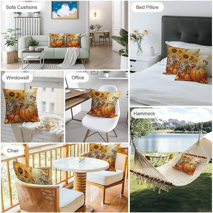 Fall Pumpkins Outdoor Pillow Covers 26x26 Inch Throw Pillow Covers Set of 2 Waterproof Decorative Pillow Cases Sunflowers Birds Thanksgiving Oil Painting Cushion Covers for Patio Furniture Garden