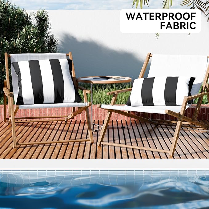 Pack of 2 Outdoor Waterproof Striped Pillow Covers Decorative Throw Covers | 12x20, Black and White, Garden Cushion Covers, Farmhouse Pillowcases for Couch Sofa Patio Tent Balcony