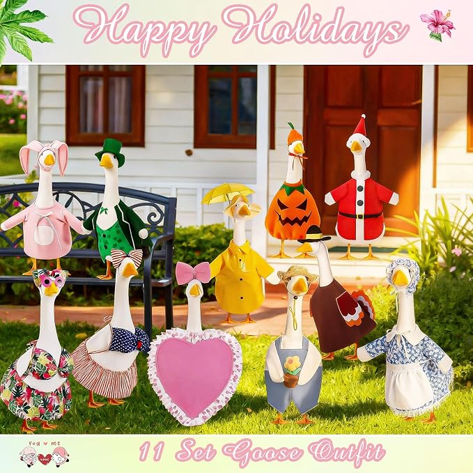 11 Set Holiday Porch Goose Outfits All Seasons Goose Clothes Umbrella Easter Statue Costume for Patio Lawn Outdoor