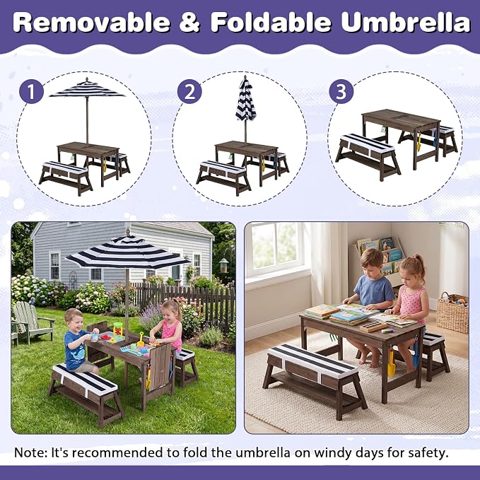 HONEY JOY Kids Picnic Table, 4 in 1 Fir Wood Toddler Sand & Water Table w/Removable Box & Umbrella, Waterproof Cover, Garden Tools, Children Outdoor Table and Bench Set with Cushions (Blue)