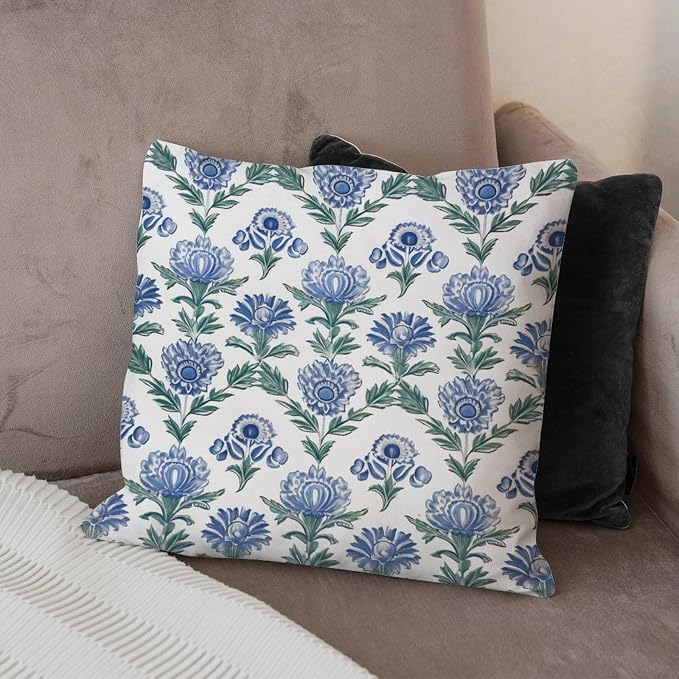 Mughal Flower Throw Pillow Covers Blue Lotus Floral Throw Pillow Cover Modern Outdoor Waterproof Decorative Pillow Cover for Patio Couch Sofa 20x20 in