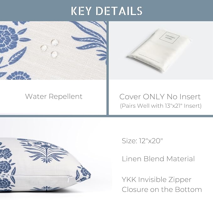 California Casual Coastal Indoor Outdoor Lumbar Pillow Cover, 12"x20" Water Repellent for Patio, Backyard, Couch, Poolside, Azure Blue Print Floral