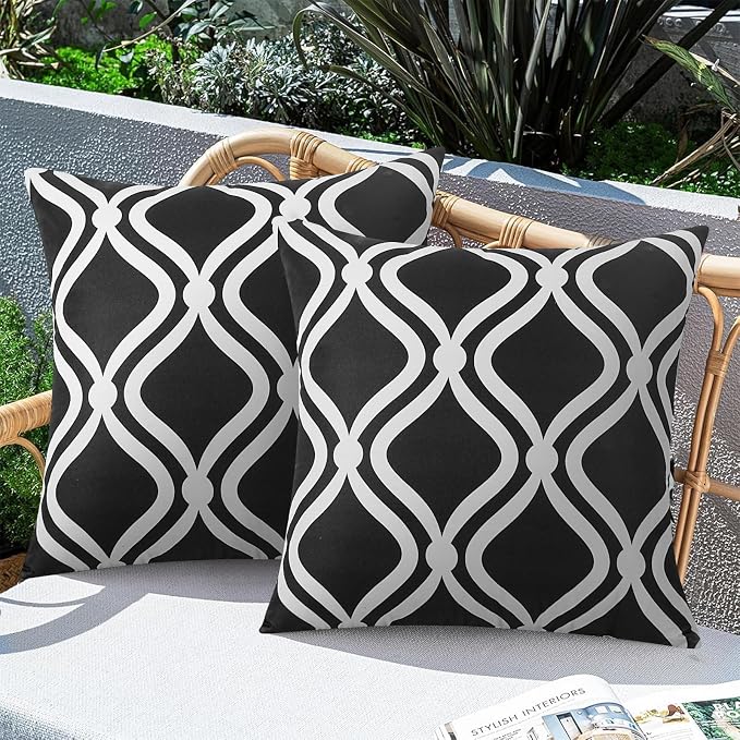 Merrycolor Outdoor Pillows Cover Waterproof Set of 2 Modern Geometry Patterns Decorative Black and White Pillowcases 18x18 Inches for Patio Furniture Couch Garden