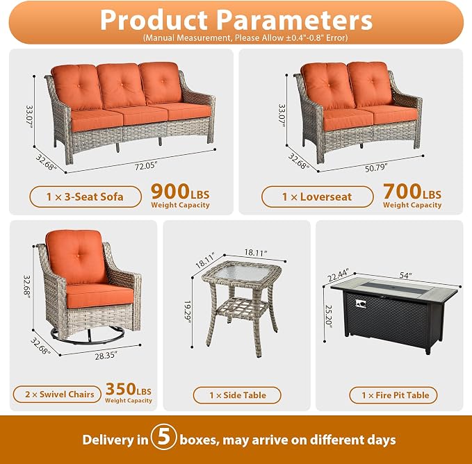 6 PCS Outdoor Patio Furniture Sets,Patio Conversation Sets Outside Rattan Soft Cushion Sofa with 2 Wicker Rocking Chairs & 54 in Fire Pit Table Fit Backyard Porch Garden Poolside Balcony,Orange Red