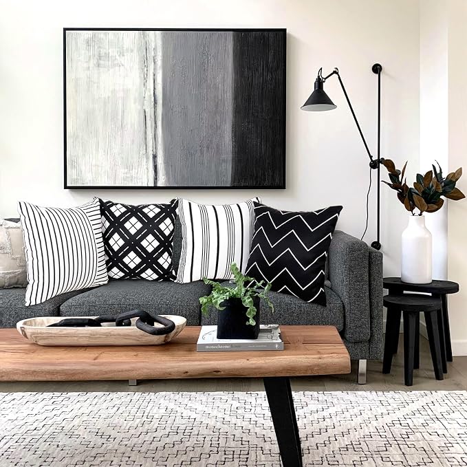 TAJWE Outdoor Waterproof Pillow Covers 20X20 Set of 4 Black and White Modern Geometry Stripe Decorative Cushion Cases for Patio Furniture Couch Porch Black