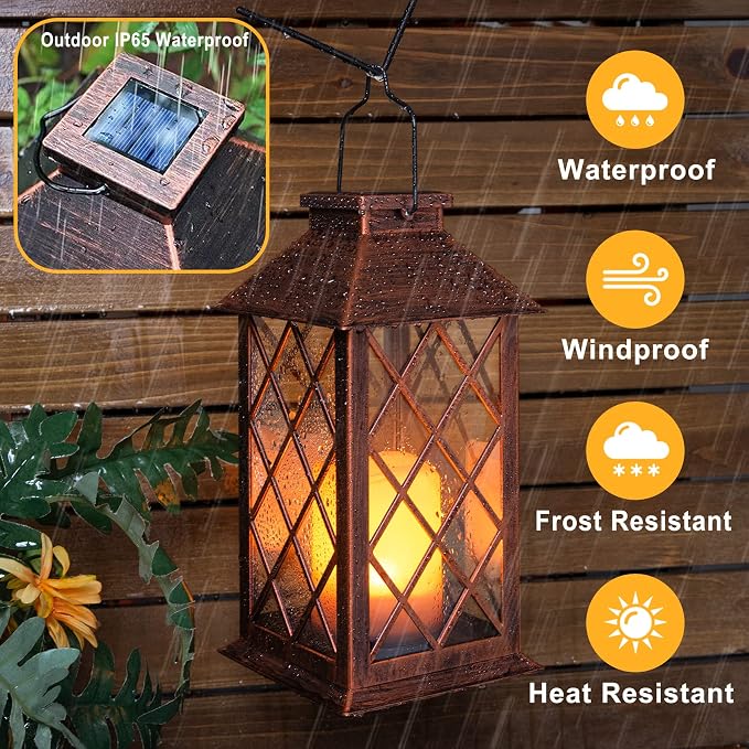14" Solar Lanterns Outdoor Garden Lantern Waterproof LED Flickering Flameless Candle Mission Lights for Table,Outdoor,Party