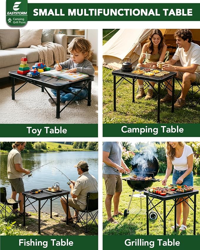 2Ft Small Folding Table with Carry Handle, Camping Table Adjustable Height 10.6–22 in, Black Metal Mesh, Portable & Compact for Outdoor/Indoor,Grill Table, 23.6×15.8 in, 4 lb, 66 lb Capacity