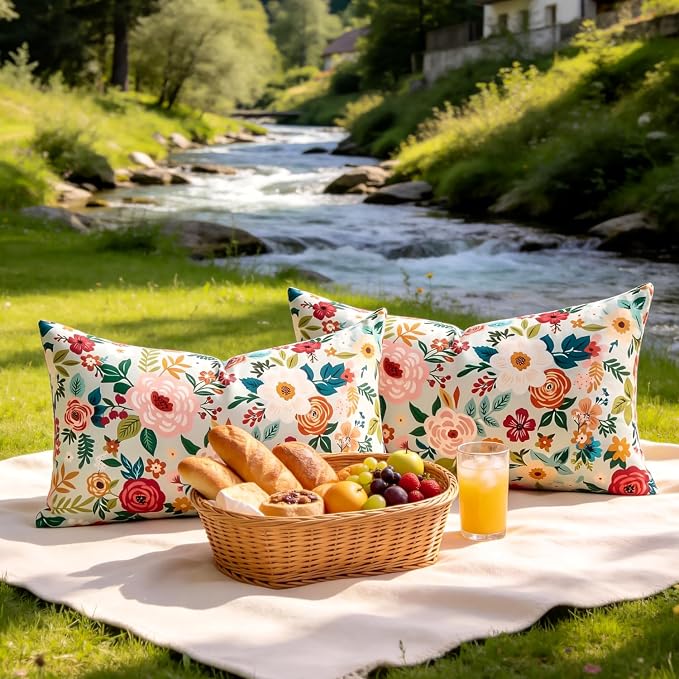 Decorative Outdoor Lumbar Pillow Covers Floral Waterproof Throw Pillow Covers Green Accent Couch Covers Garden Farmhouse Cushion Cases 12x20 Inch Set of 2 for Summer Patio Tent Balcony Furniture Sofa