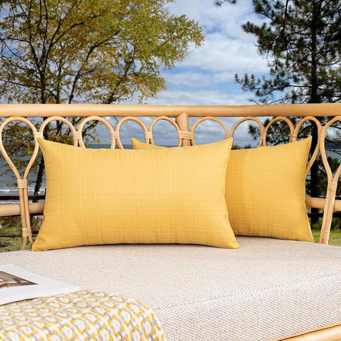 Kevin Textile Outdoor Waterproof 12”x20” Pillow Covers 2 Pack, Yellow | Water Resistant, Soft Faux Linen-cotton Yarn-dyed Woven Texture Throw Pillow Covers for Tent Patio Garden Couch Sofa