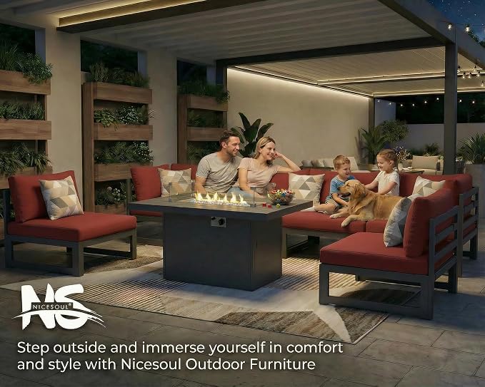 NICESOUL 13 Pcs Aluminum Patio Sectional Furniture Set with Lounge Chair & Fire Pit Table, 500 lbs Heavy Duty Anti-Rust Outdoor Couch, 29" Deep Wide Seat, High End Conversation Sofa for Poolside, Red