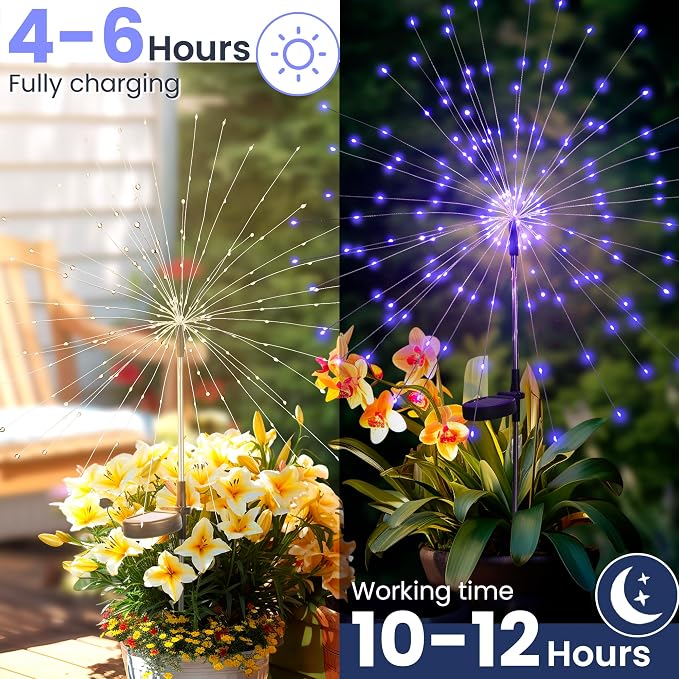 GIGALUMI 4 Pack Solar Firework Lights Outdoor, Halloween Decor, Purple | 120 LEDs, Fairy Design, Waterproof, Garden Decor, Solar Powered for Yard, Pathway, Flowerbed, Planter, Balcony, Gifts for Mom