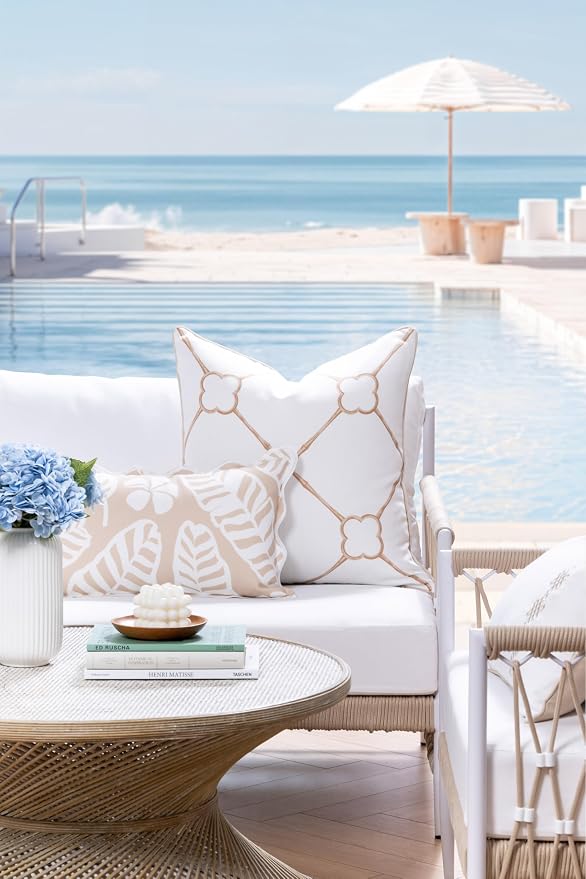 Hofdeco Premium Coastal Hampton Patio Indoor Outdoor Throw Pillow Cover Only, 22"x22" Water Repellent for Backyard, Couch, Poolside, Neutral Tan Beige Print Bamboo Trellis