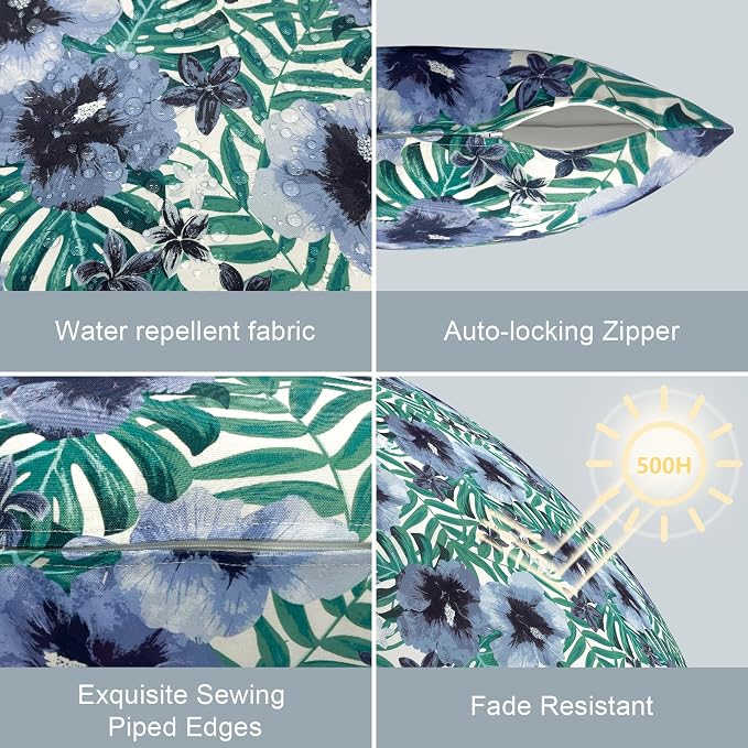 LVTXIII Outdoor Lumbar Pillow Covers, Patio Decorative Lumbar Pillow Cases ONLY, Fluffy Fade-Resistant Lumbar Cushion Cases for Home Balcony and Garden, 12x20 Inch, Pack of 2, Blue Salmone Tropical