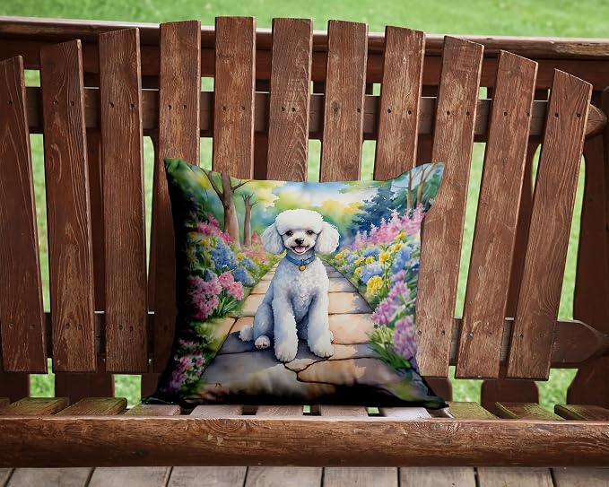 Caroline's Treasures White Poodle Spring Path Throw Pillow Machine Washable, Indoor Outdoor Decorative Pillow for Couch, Bed or Patio, 14Hx14W