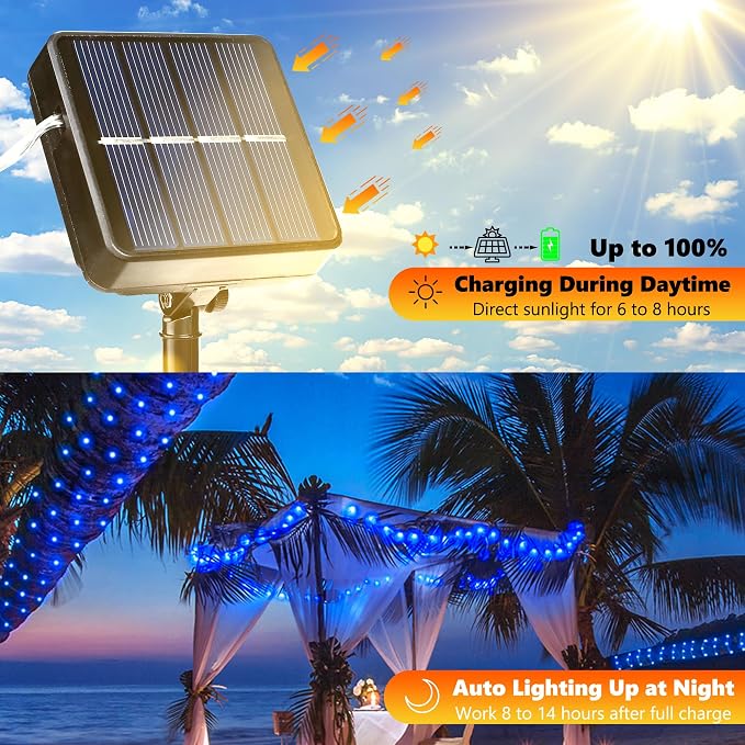 Joomer Solar Fairy Lights, 2-Pack Total 80FT 240LED String Lights, Blue | Silver Wire, Solar String Light Waterproof 8 Lighting Modes for Patio Fence Party Garden Yard Home Outdoor Decoration