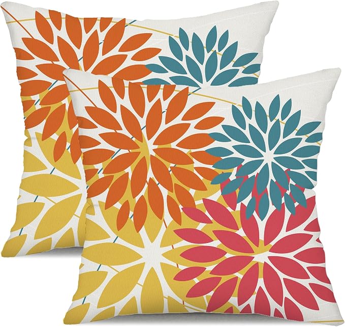 DFXSZ Pack of 2 Outdoor Waterproof Throw Pillow Covers 18x18 Orange Yellow | Polyester Colorful Spring Summer Floral Decorative Cushion Cases(NO INSERT),For Couch Patio Funiture Garden Home Decor