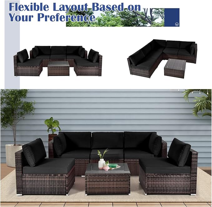 HAPPYGRILL 6 Pieces Outdoor Patio Furniture Set, PE Rattan Conversation Set with Tempered Glass Coffee Table and Cozy Cushions, Weather Resistant Sectional Sofa Set, Black