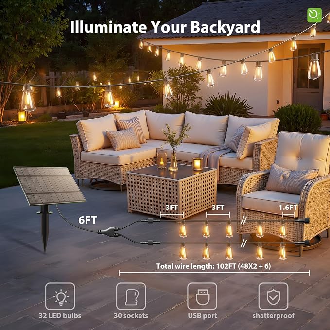 KYY 102FT(96+6) Solar String Lights Outdoor with USB Port Remote Control | LED Waterproof Solar Powered Patio with 32 Sockets, Heavy-Duty and UL Listed Porch Market Lights