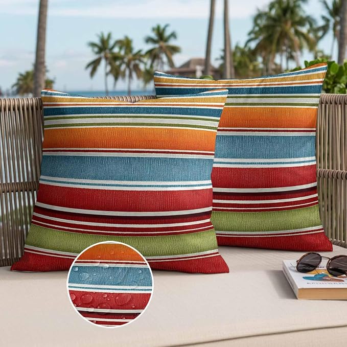 Yukro Color Striped Outdoor Waterproof Pillow Covers Pack of 2, Orange Blue Red Green Stripes Abstract Modern Throw Pillowcases Decorative Cushion Covers for Garden Patio Tent Sofa Couch, 20x20 inch