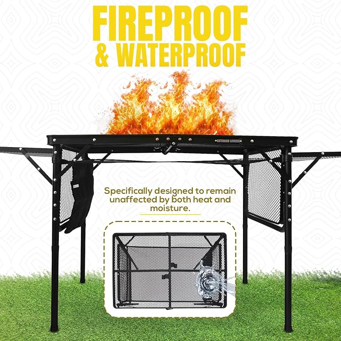 Folding Grill Table with Extension Boards | Portable Camping Table for Beach, BBQ, RV & Tailgating | Heavy Duty Metal Foldable Outdoor Prep Table | Supports 88 lbs, Mesh Design USA