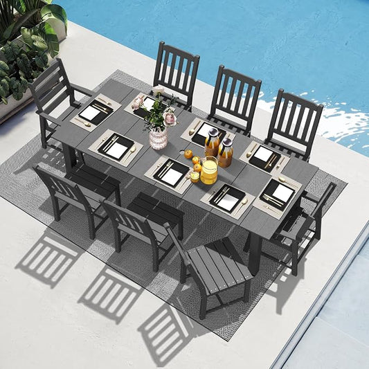 LOUNZY 9 Piece Outdoor Dining Table Set for 8, Patio Chairs, Gray | 75.2” table,8 seat patio dining set, durable HDPE wood-look, table hole stable and spacious design for family gatherings