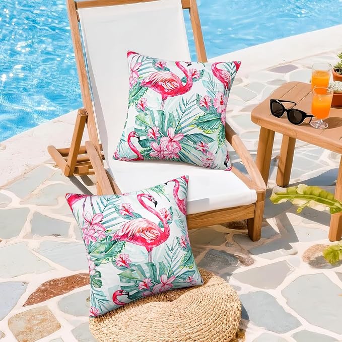 Pyonic Waterproof Outdoor Pillow Covers 18x18 inch Tropical Plant and Flamingo Throw Pillow Covers for Summer Patio Furniture Garden Porch Pool Decor