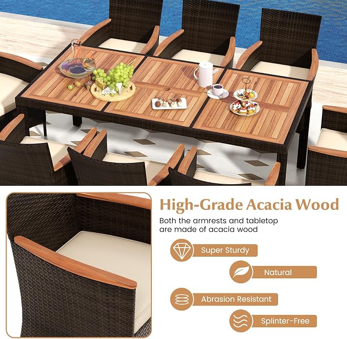 HAPPYGRILL 9 Pieces Patio Dining Set, Outdoor Rattan Wicker Dining Set with Cushions, Patio Dining Furniture Set with Acacia Wood Table Top & Armrest