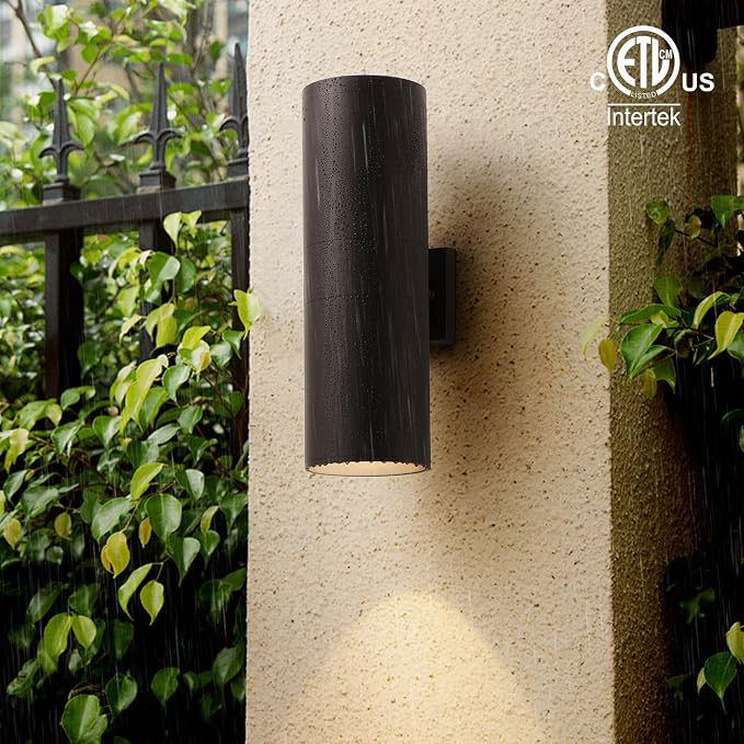 mirrea 18" Modern Outdoor Porch Light 2 Lights, Oil Rubbed Bronze, 2 Pack | Aluminum cylinder exterior fixtures, tempered glass cover, waterproof wall sconce & patio light for outdoor use.