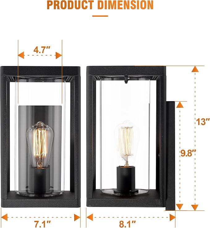 Beionxii Dusk to Dawn Outdoor Wall Lights, Modern Exterior Wall Sconces Porch Lantern, Black Cast Aluminum w/Clear Cylinder Glass - A291W-2PK