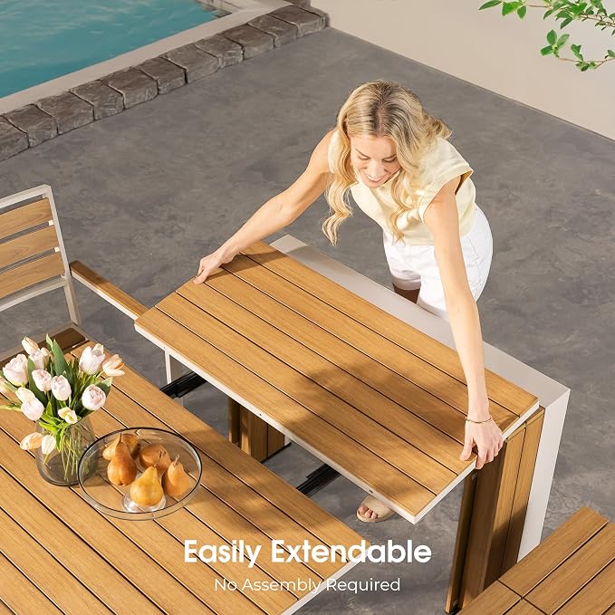 Transformer Table - Extendable Outdoor Dining Set up to 12, Expandable Patio Table, Weather-Resistant Patio Furniture, Light Oak, Natural (Table + Bench + 4 Chairs)