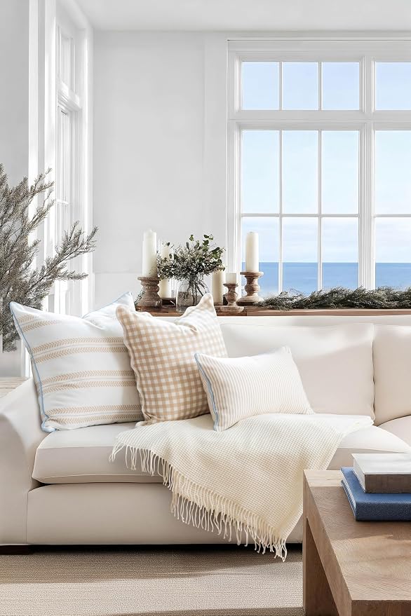 Hofdeco Premium Coastal Hampton Scalloped Patio Indoor Outdoor Throw Pillow Cover Only, 20"x20" Water Repellent for Backyard, Couch, Poolside, Neutral Tan Print Gingham