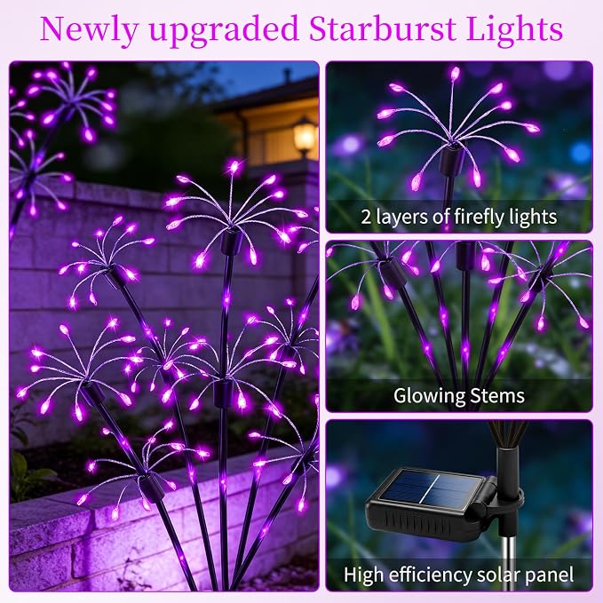 Solar Garden Lights Outdoor, 4 Pack 2-Layer Purple Solar Firework Lights | Purple Halloween Decoration, Waterproof Starburst Fairy Light Garden Decor for Christmas Yard Patio Pathway Lawn