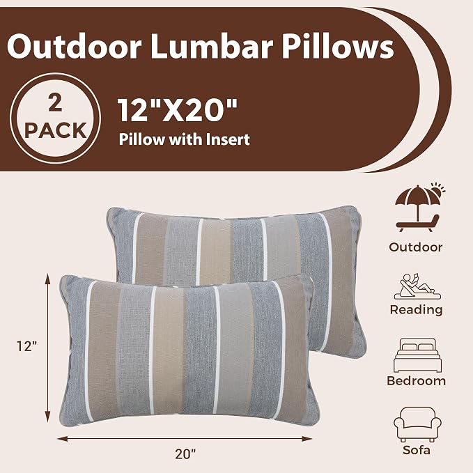 FUNHOME Outdoor Lumbar Pillow with Insert 12x20 Inch Pack of 2-Grey Stripe | Outdoor Pillows for Patio Furniture, Water-Repellent, Decorative Garden Pillows for Home Patio Coach Sofa Use