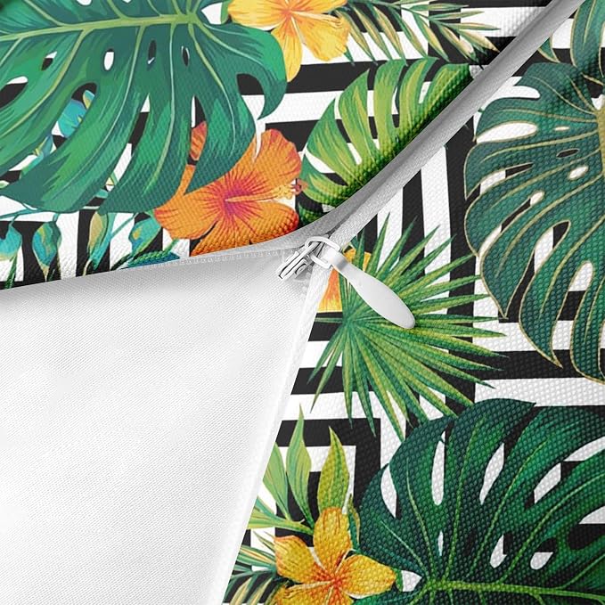 Throw Pillow Covers, Leaf Striped, Set of 2, 18 x 18 Inch | Tropical Botanical Outdoor Waterproof Pillowcase Square Cushion Case Farmhouse Garden Decorative Pillows for Couch