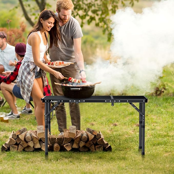 Anbte Folding Grill Table, 3ft Tri-Fold Aluminum Folding Table Adjustable Height Max 27.5" Grill Table with Mesh Desktop, Lightweight, Portable Handle for Outdoor Cooking BBQ Picnic (Black)