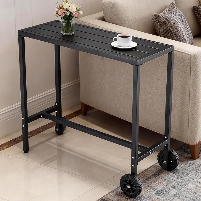 Takywep 39 Inch Counter Height Outdoor Bar Table with Wheels & Adjustable Leveling Feet, Multipurpose High Top Bar Table for Kitchen, Home Bar, Patio, Balcony, Black