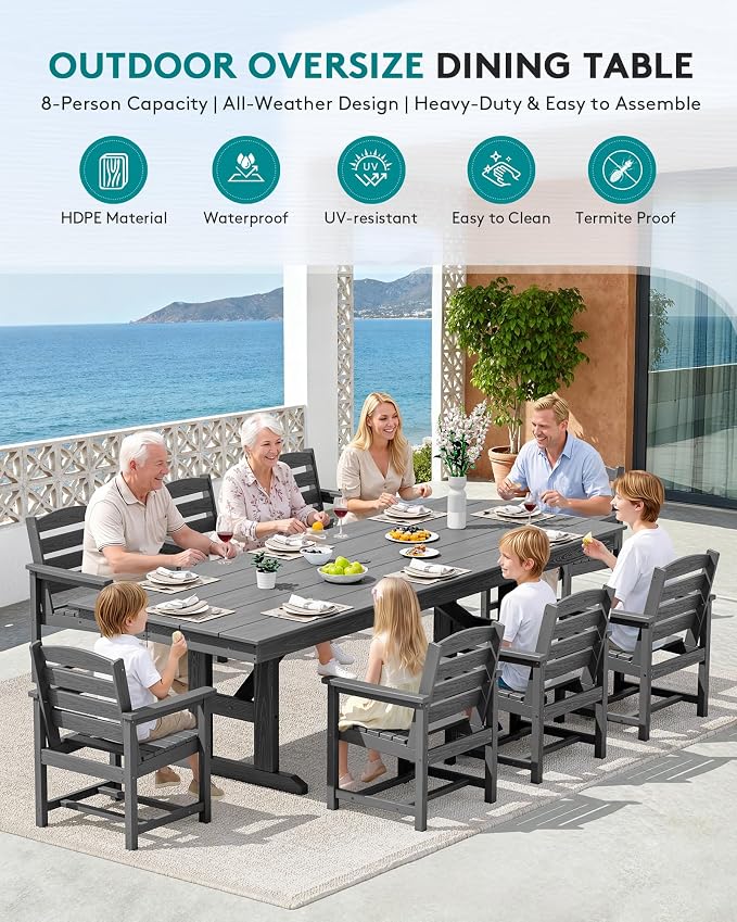 SERWALL 9 Piece Outdoor Dining Set, 84" HDPE Outdoor Table and Chairs for 8，All Weather Patio Furniture Set with Umbrella Hole for Backyard, Garden, Gray