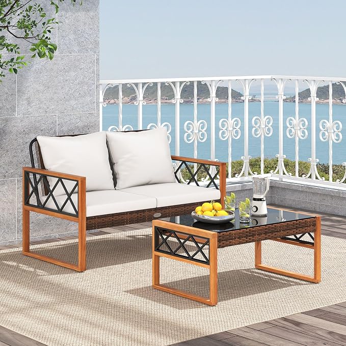 HAPPYGRILL 2 Pieces Patio Furniture Set, PE Rattan Loveseat and Coffee Table Set with Cushions & Tempered Glass Tabletop, Acacia Wood Outdoor Conversation Set for Balcony, Backyard & Poolside