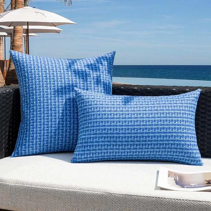 Kevin Textile Outdoor Waterproof 14"x24" Pillow Covers 2 Pack, Blue | Water Resistant Weaving Faux Linen Texture Throw Pillow Covers, Outside Decorative Pillowcases for Garden Patio Balcony Couch