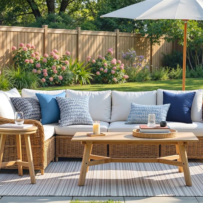 MIULEE Outdoor Lumbar Pillows with Inserts Set of 2 12x20 Inch Dark Blue | Patio Waterproof Fade Resistant Fluffy Throw Pillows Decorative Garden Natural Accent Leaves Cushion for Home Sofa Decor