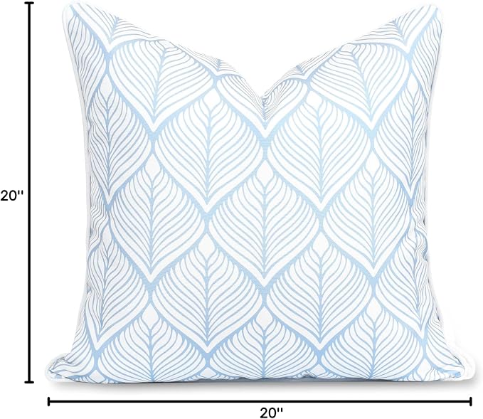 Hofdeco Premium Coastal Patio Indoor Outdoor Throw Pillow Cover Only, 20"x20" Water Repellent for Backyard, Couch, Baby Blue Print Geometric Leafs
