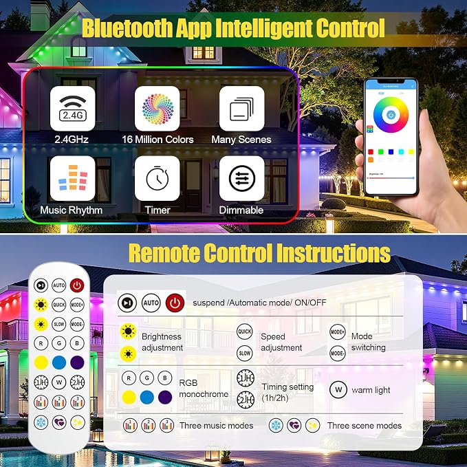 Permanent Outdoor Lights for House 100ft RGB+IC Eave Lights | IP67 Waterproof Smart LED Outdoor Lights with 16M Colors, App/Remote Control for Christmas, Halloween, Daily, Party