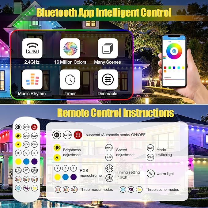 Permanent Outdoor Lights 150ft RGB+IC Eave Lights for House | IP67 Waterproof Smart LED Outdoor Lights with 16M Colors, App/Remote Control for Daily, Christmas, Halloween, Party